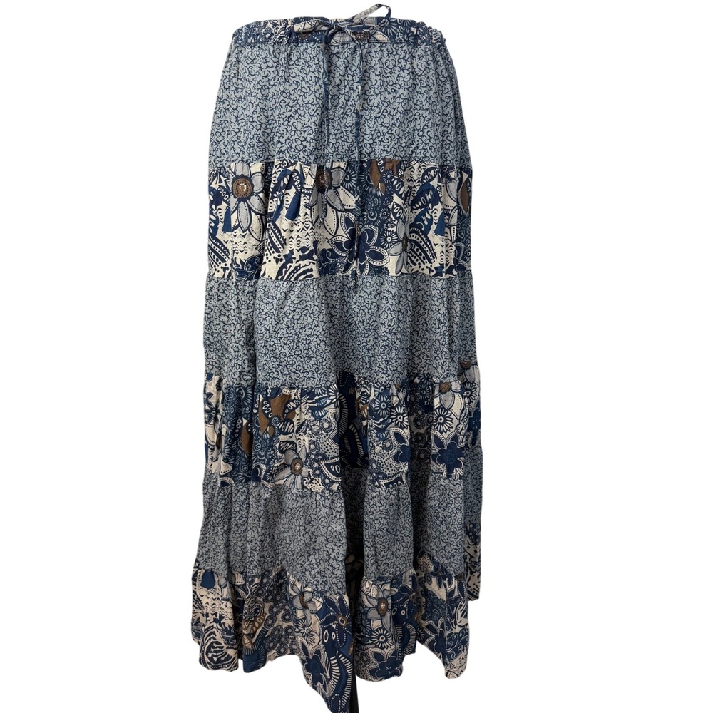Blue Floral Patchwork Tiered Cotton Maxi Skirt 2X Boho Festival Renaissance